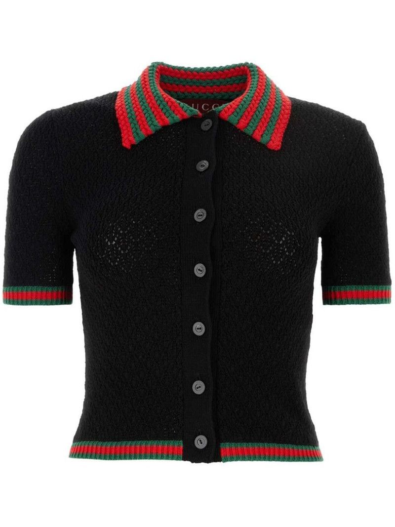 Gucci o1la5ras0526 Cotton Lace Polo With Web in Black Size M / US 6-8 / IT 42-44 - 1 Thumbnail