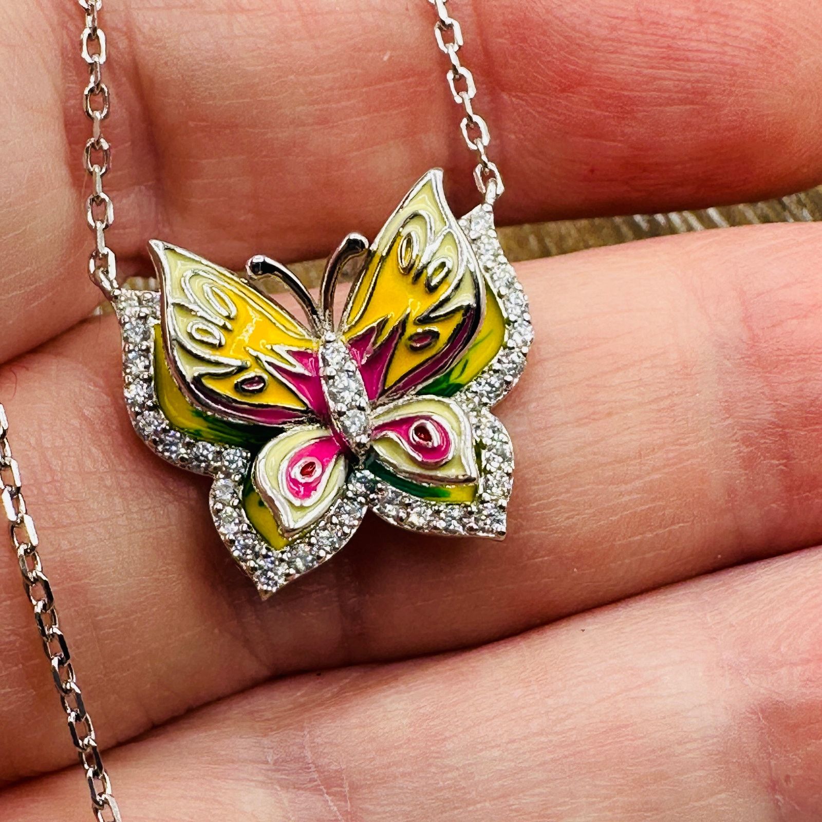 The Unbranded Brand Butterfly CZ Enamel Sterling Silver Necklace Size ONE SIZE - 6 Thumbnail