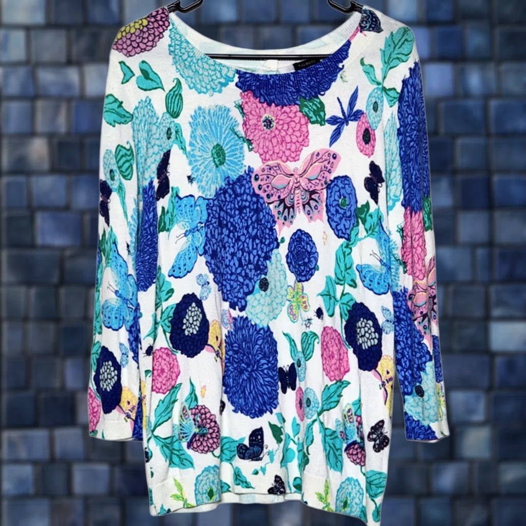 Talbots Talbots Womens Sweater 3/4 Sleeve Floral Butterfly Cotton Blend Knit Button Back M Multicolor Womens Size M / US 6-8 / IT 42-44 - 1 Thumbnail