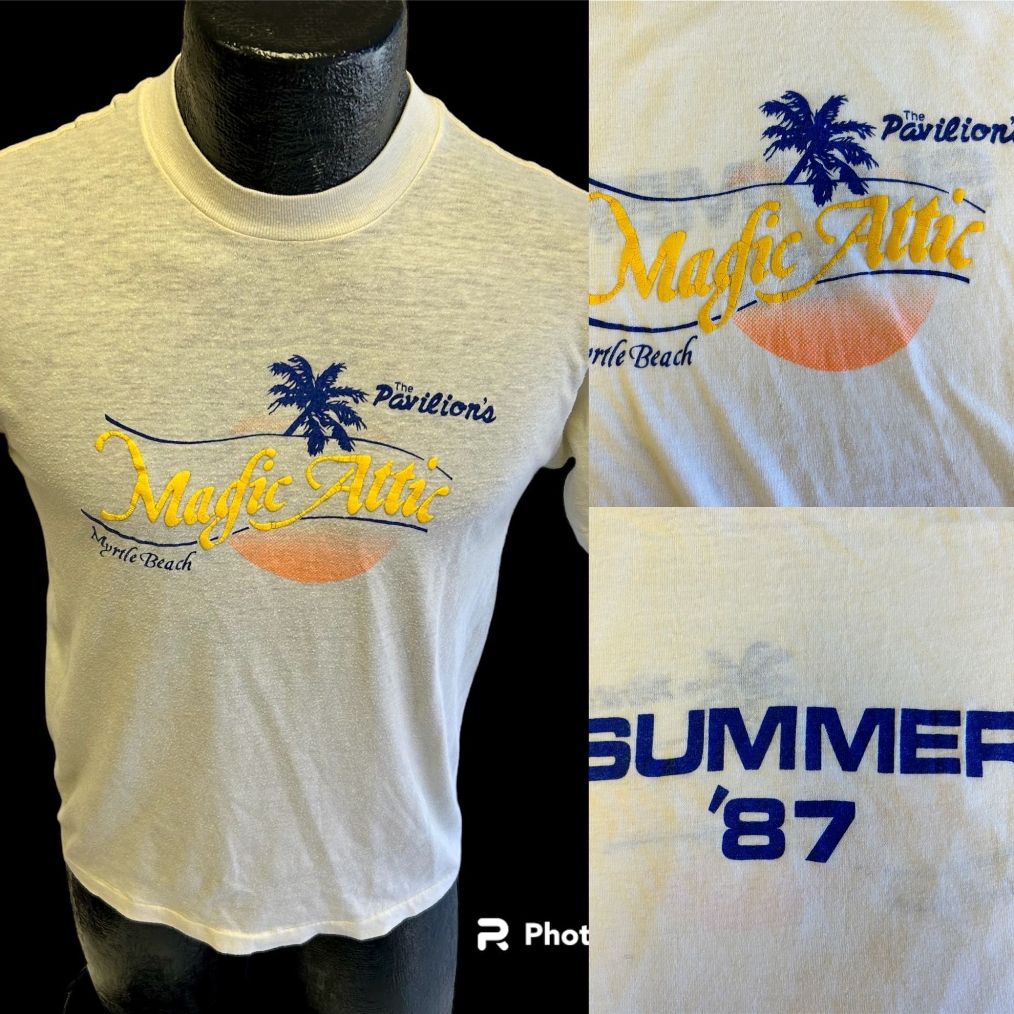 image of Unkwn 80's Magic Attic Myrtle Beach 1987 Summer 50/50 Surfer Tee in Off White, Men's (Size Small)