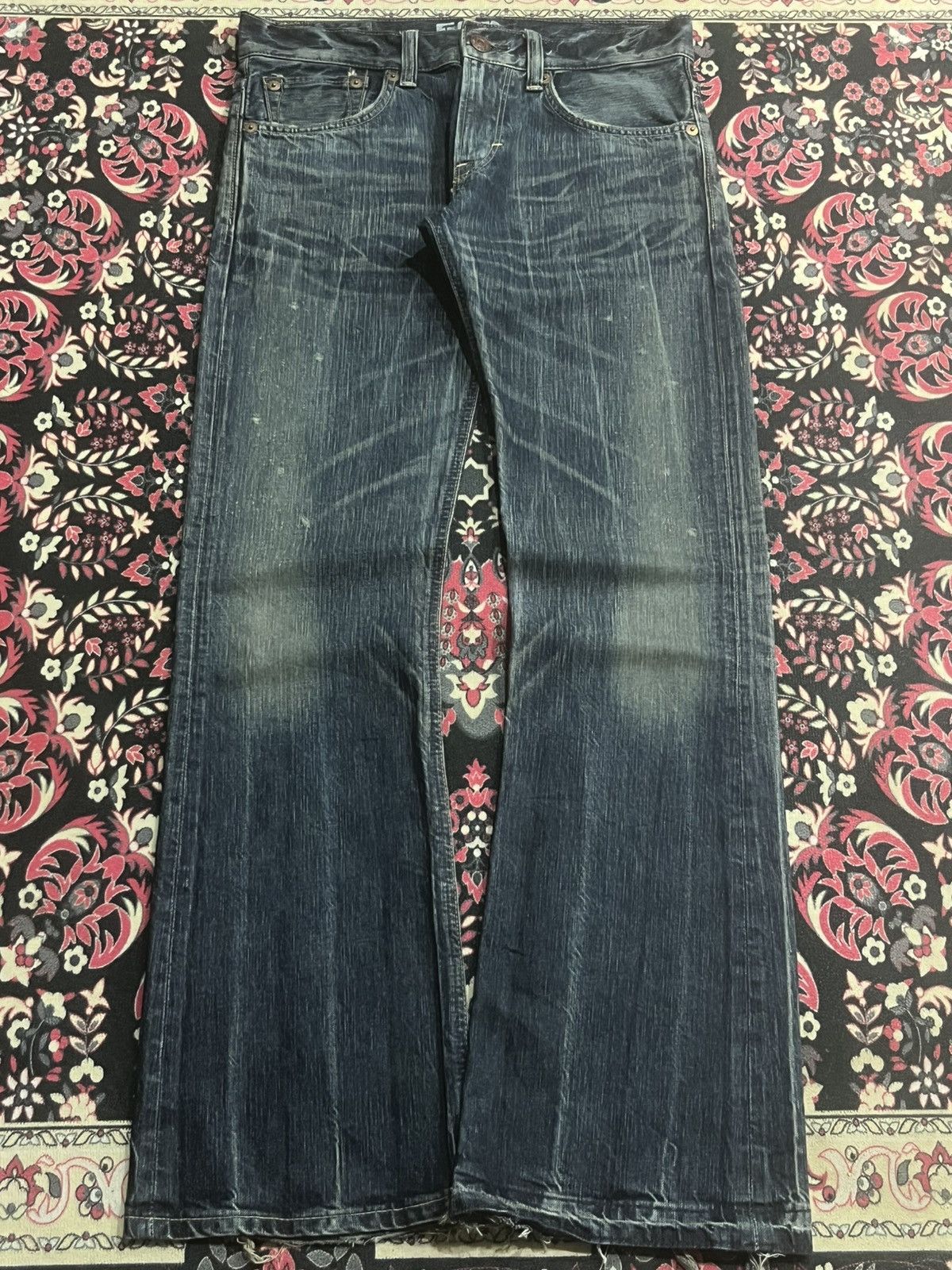 Number (N)ine Edwin 503 Japan Blue Trip Dark Blue Frayed Leg Flare Jeans Size US 30 / EU 46 - 1 Thumbnail