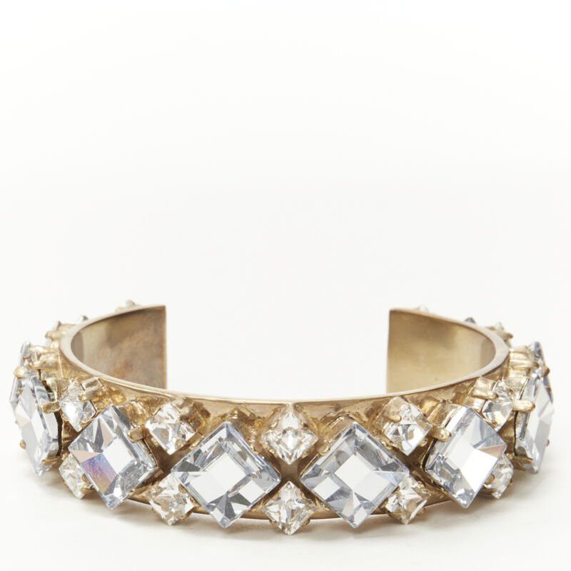 Dior CHRISTIAN DIOR light blue clear square crystal jewel gold-tone cuff bangle M Size ONE SIZE - 1 Thumbnail