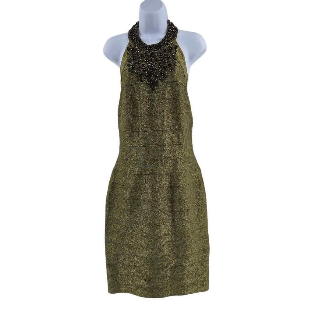 The Unbranded Brand Carmen Marc Valvo Olive Halter Neck Jeweled Bandage Dress Size M / US 6-8 / IT 42-44 - 5 Thumbnail