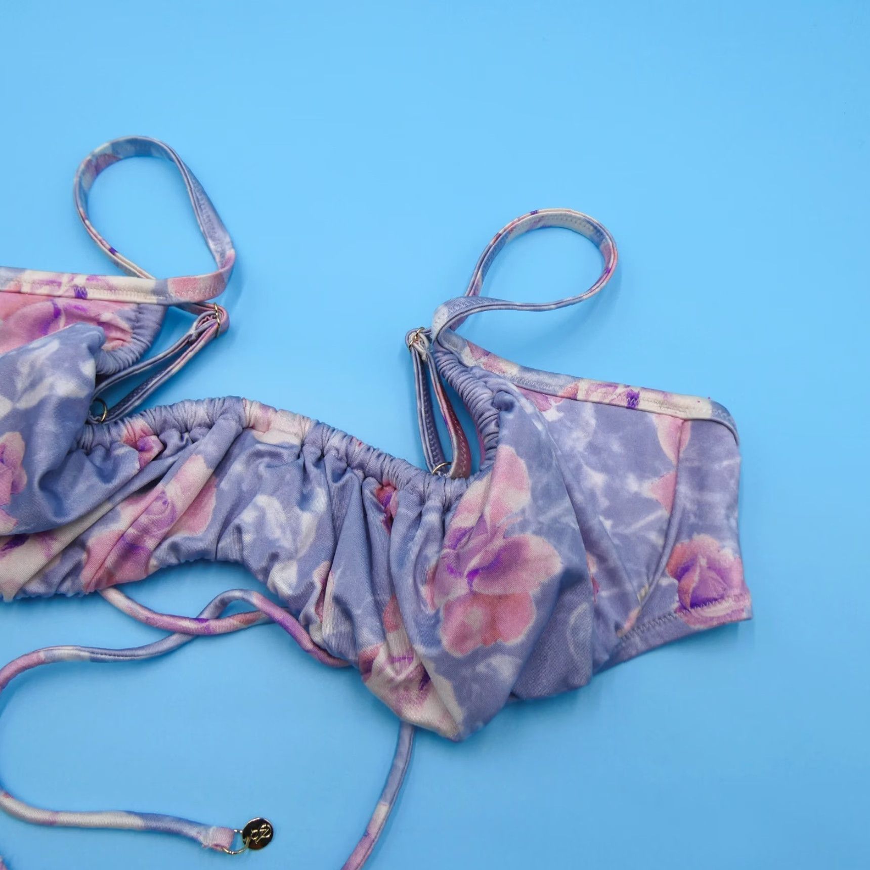 Viktoria's Secret 38C Purple Floral Plunge Ruffle Bikini Top Swimwear Beach New