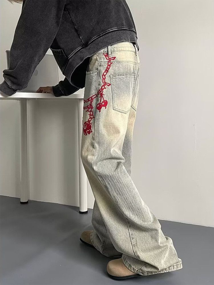Japanese Brand Retro hip-hop men's straight leg flared embroidered jeans Size US 32 / EU 48 - 5 Thumbnail