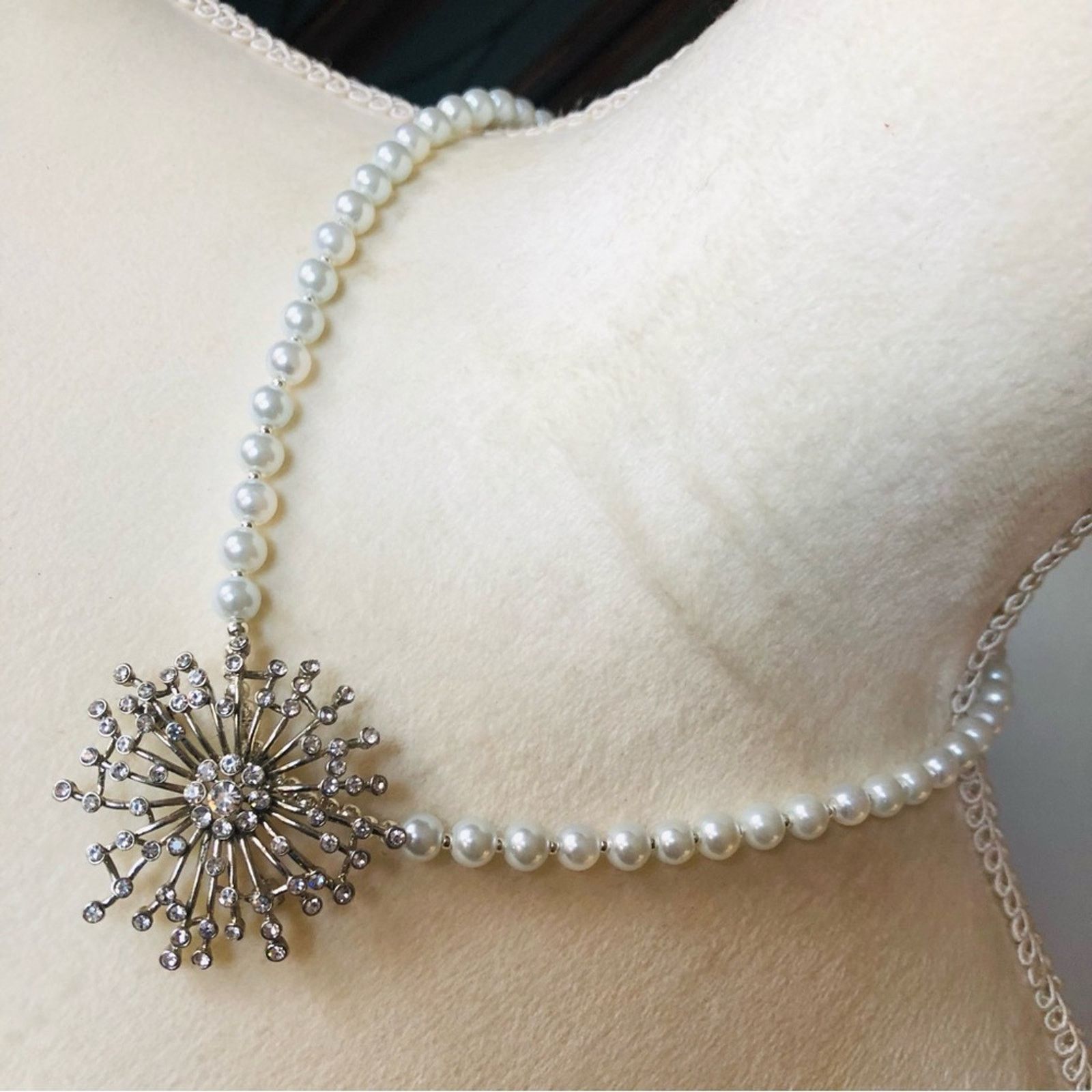 Handmade Handcrafted repurpose rhinestone cluster Pearl necklace Size ONE SIZE - 1 Thumbnail