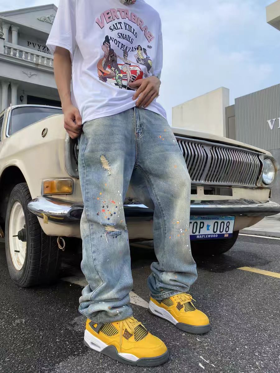 Street Splash Inked Washed Old Ripped Baggy Jeans