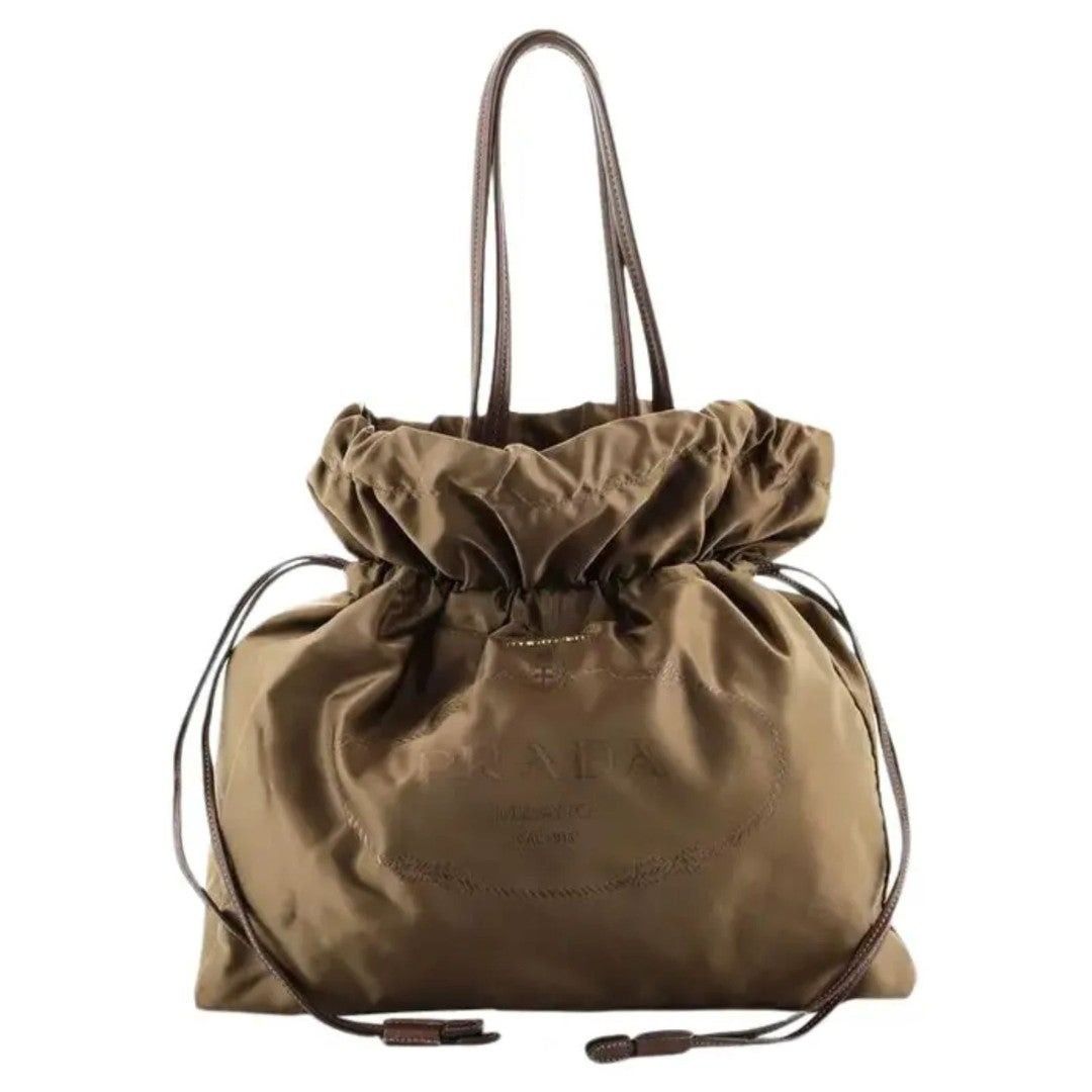 image of Prada Vintage Tessuto Drawstring Logo Nylon Leather Tote Med in Bronze Olive, Women's