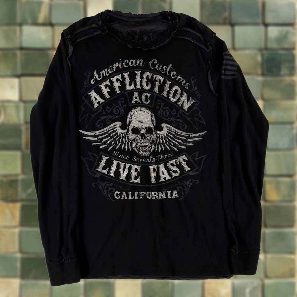 Affliction AFFLICTION Shirt Reversible Thermal Long Sleeve Live Fast Black Gray Mens XL Size US XL / EU 56 / 4 - 1 Thumbnail