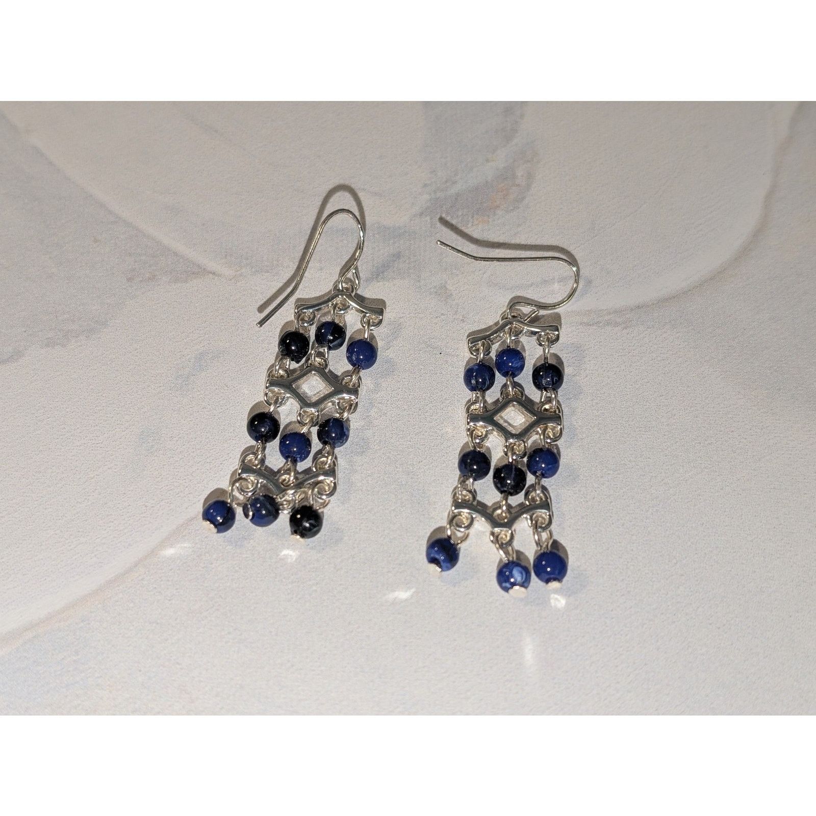 Vintage VTG 1980s Silver-Tone Blue Seed Bead Chandelier Earrings Size ONE SIZE - 2 Thumbnail