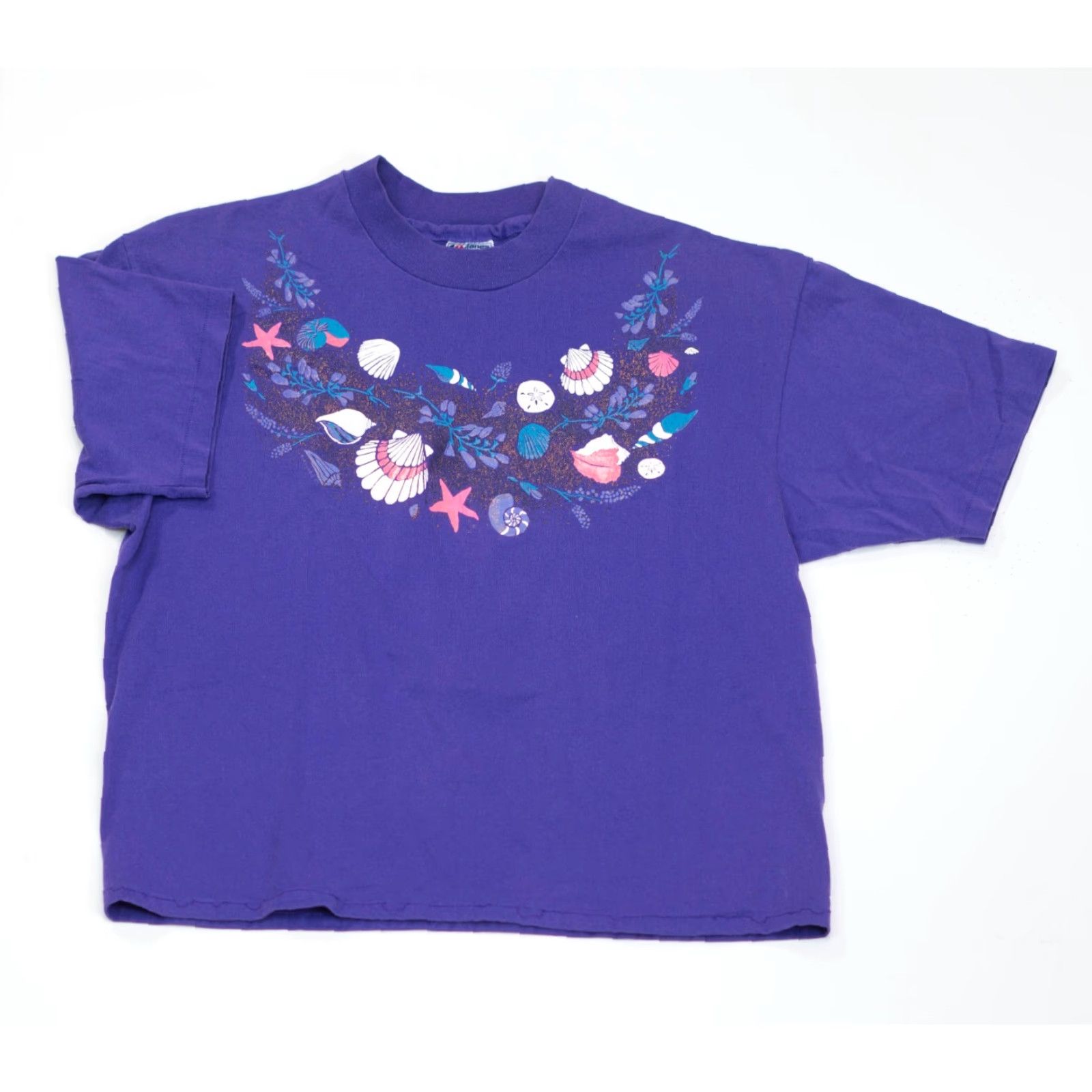 Hanes VINTAGE Hanes Ocean T-Shirt Womens XL Purple 80s 90s Nautical Ocean Seashells Starfish Glitter Cotton Polyester Knit Crew Neck Short Sleeve Size XL / US 12-14 / IT 48-50 - 2 Thumbnail