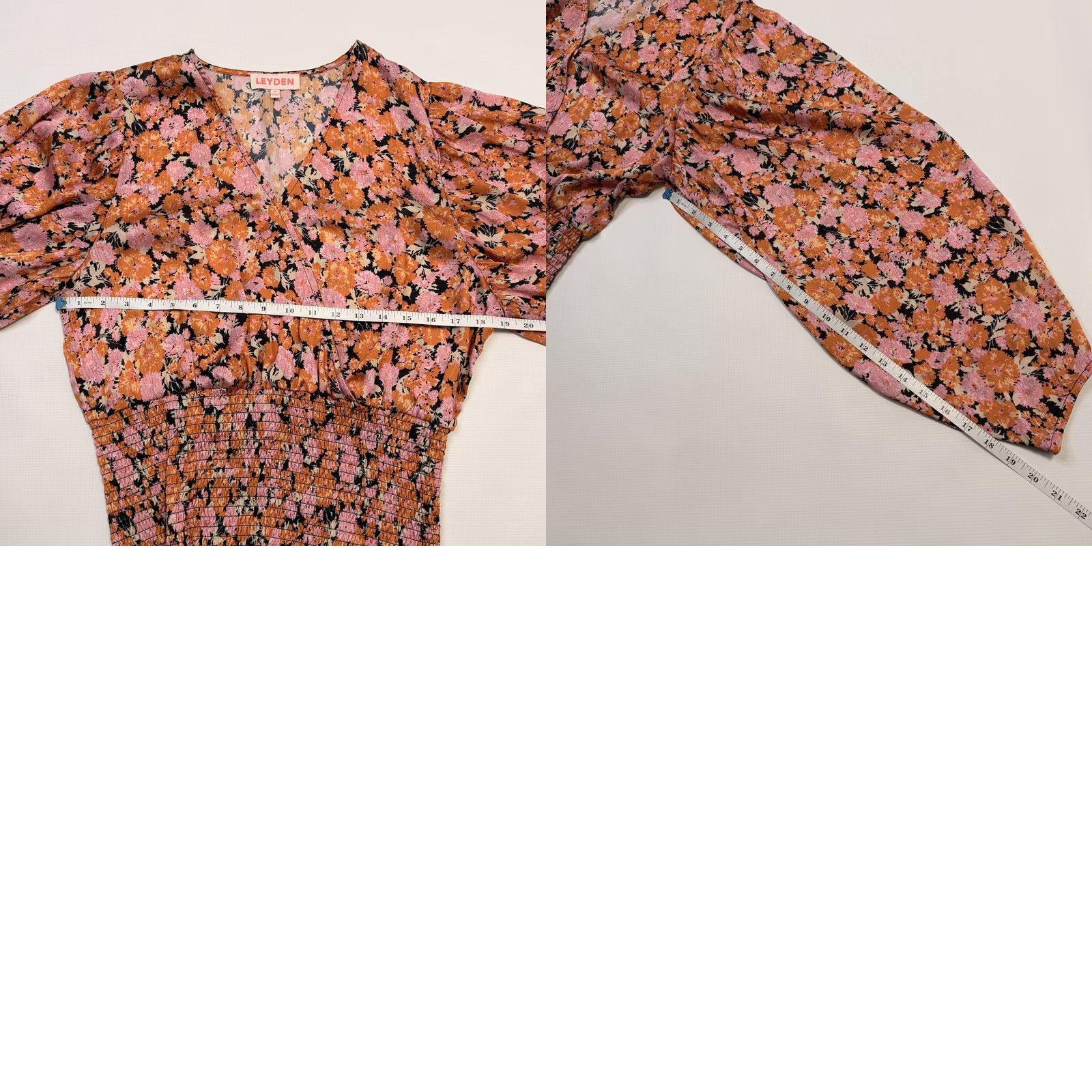 Vintage LEYDEN Blouse Womens M Orange Floral V Neck Long Sleeve Smocked Waist Shirt Size M / US 6-8 / IT 42-44 - 8 Thumbnail