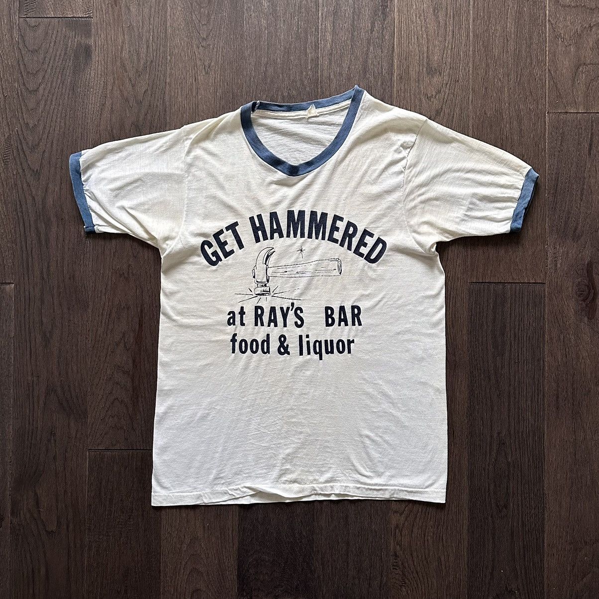 image of Made In USA x Vintage 70's True Vintage Get Hammered Rays Bar Drunk Ringer T Shirt in Cream (Size S