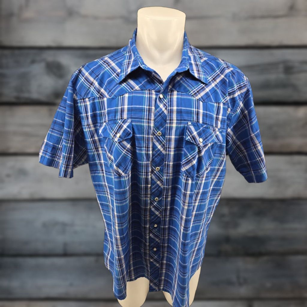 Wrangler VINTAGE Wrangler Wrancher Plaid Western Pearl Snap Short Sleeve Shirt XXL Blue Mens Size US XXL / EU 58 / 5 - 1 Thumbnail