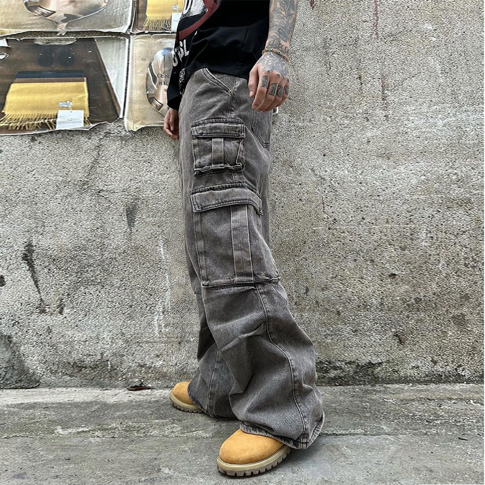 Japanese Brand Gray Baggy Flared Cargo Pants, Wide Leg Utility Pants Size US 32 / EU 48 - 7 Thumbnail