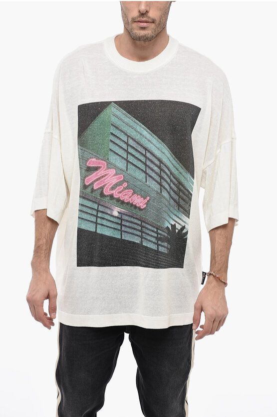 image of Palm Angels Linen Blend Getty Miami Sweater in White, Men's (Size Large)