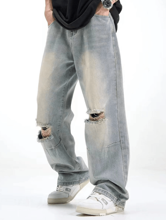 Japanese Brand × Jean Men's all-match loose straight hiphop washed ripped jeans Size US 32 / EU 48 - 3 Thumbnail