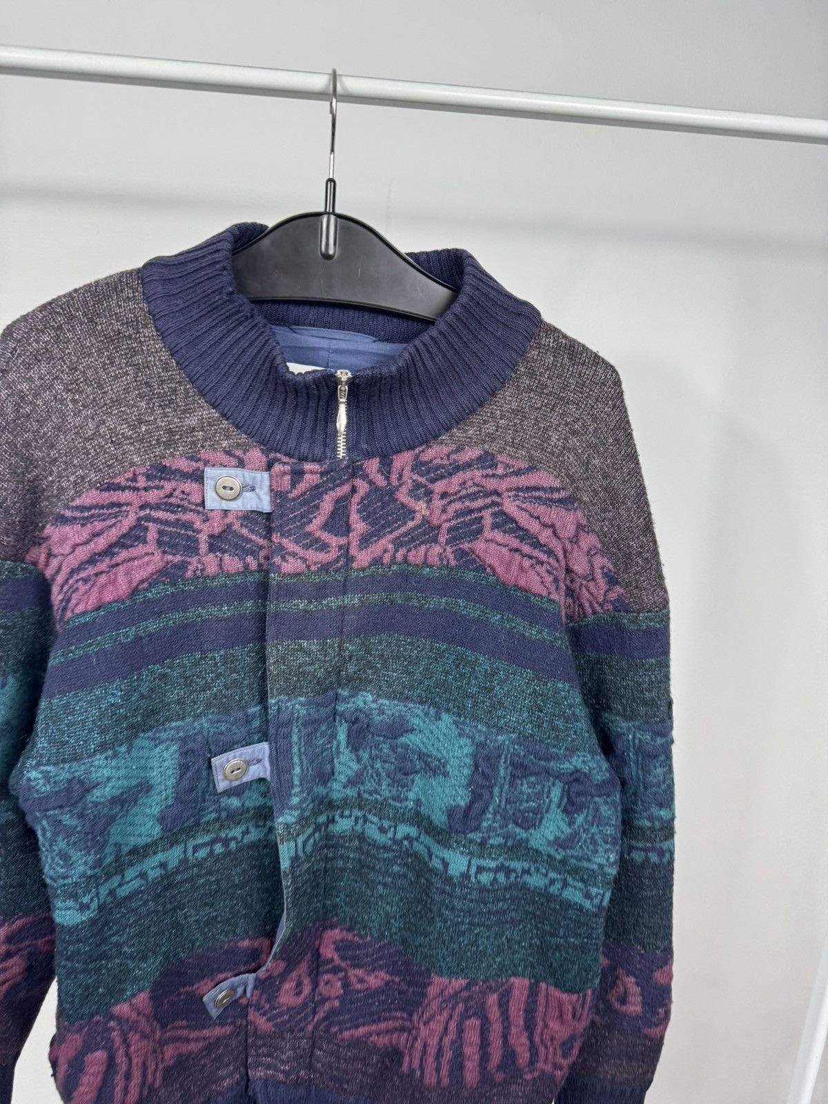 Other Vintage Abstract Pattern Knit Bomber Jacket Wool Blend 50 Size US XL / EU 56 / 4 - 3 Thumbnail