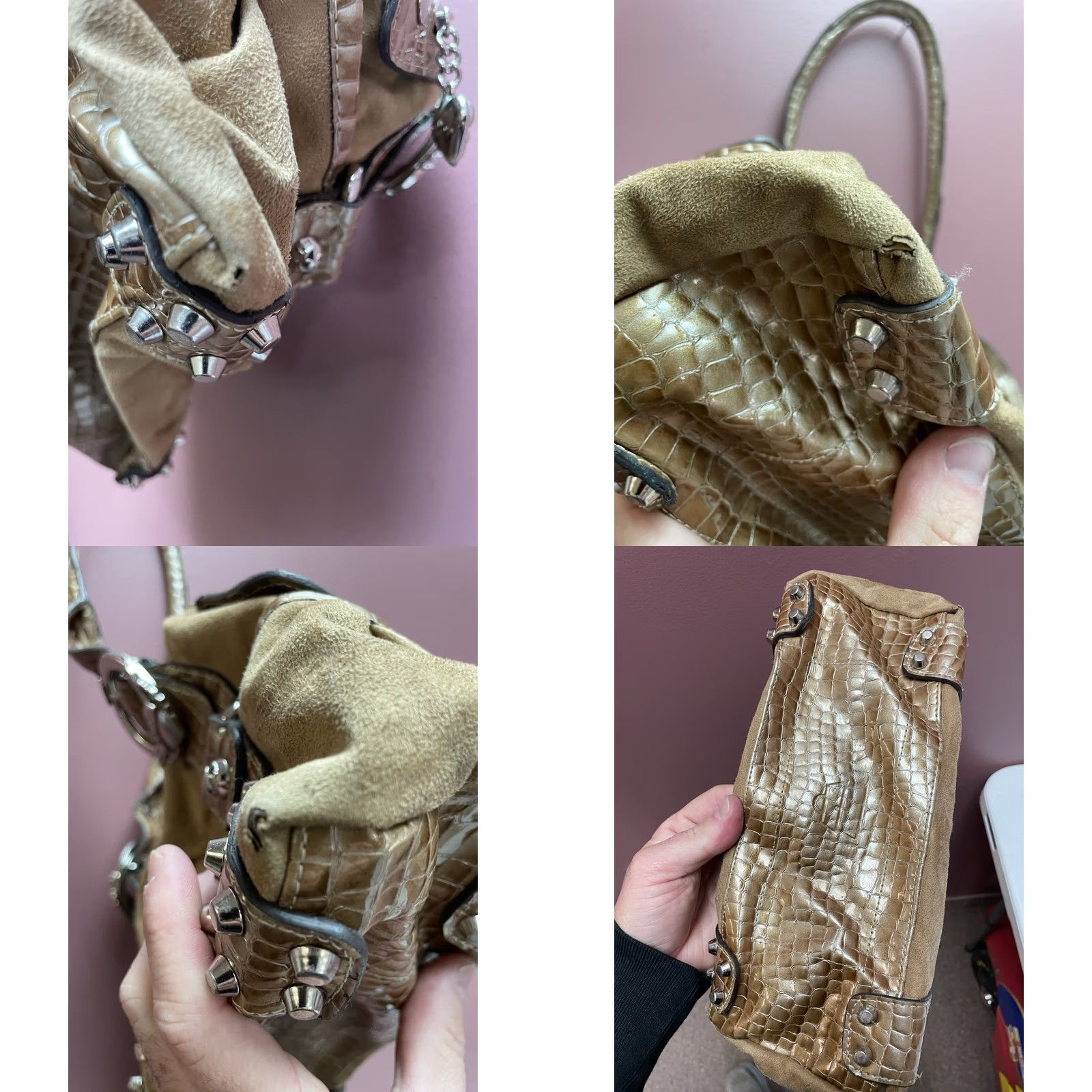 Vintage Kathy Van Zeeland Beige Faux Suede Croc Embossed Satchel Handbag Y2K Buckle Purse Shoulder Bag Size ONE SIZE - 8 Thumbnail
