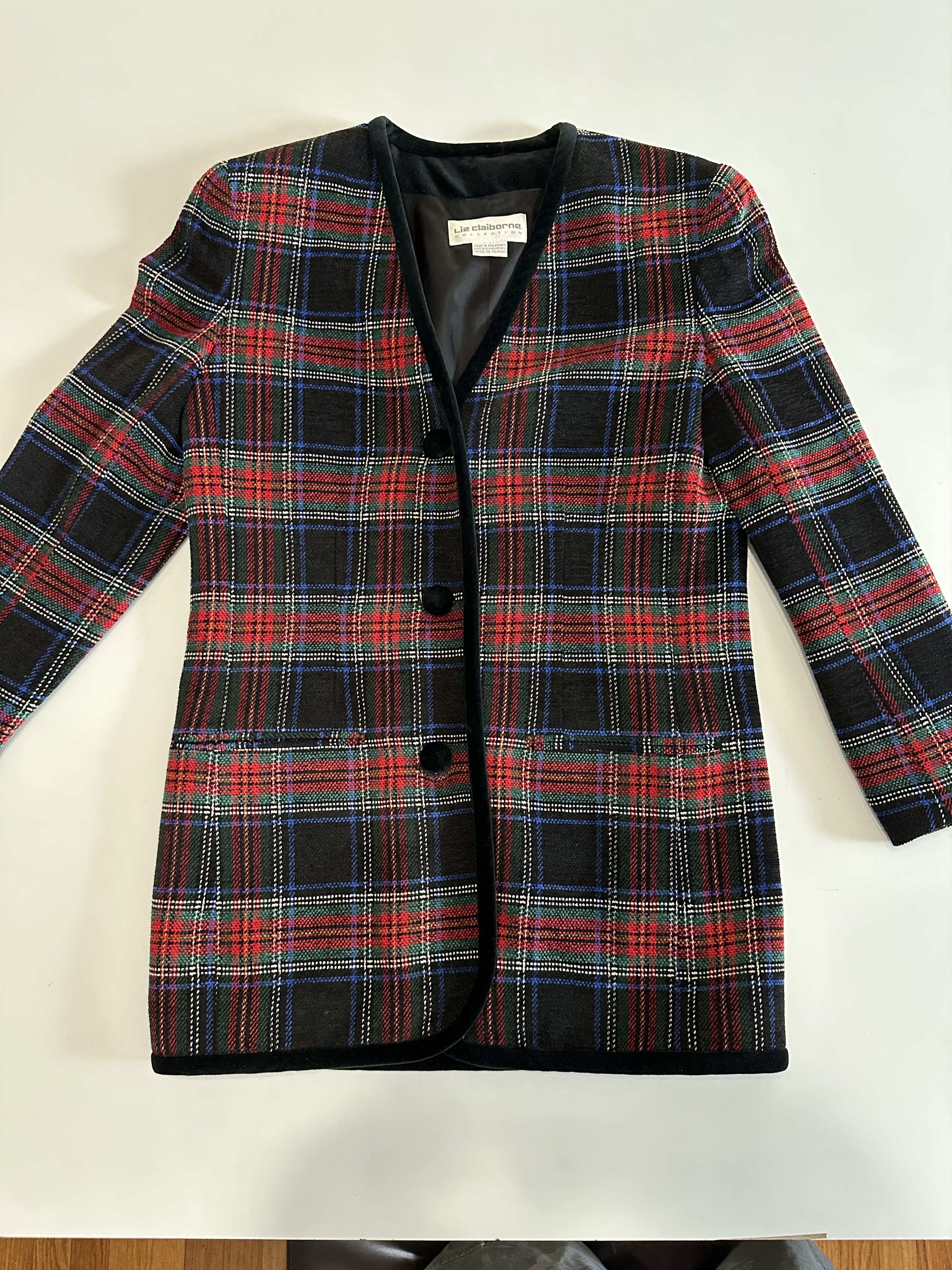 Liz Claiborne Liz Claiborne Women's Blazer Red Black Plaid Velvet Wool Size ONE SIZE - 1 Thumbnail