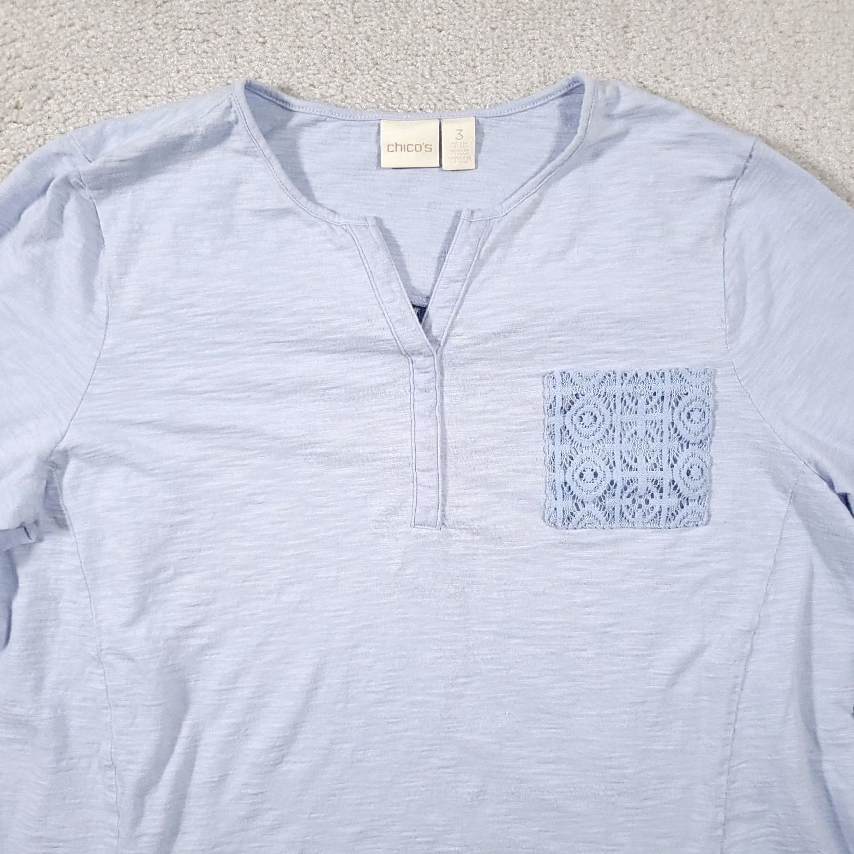 Vintage Chico's Open Knit Crochet Back 3/4 Sleeve Shirt Women's 3 XL Blue V-Neck Size XL / US 12-14 / IT 48-50 - 3 Thumbnail