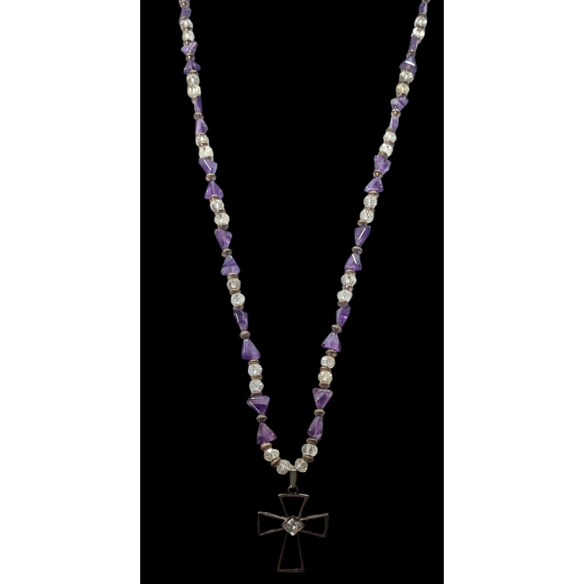 Other Amethyst And Glass Beaded Open Silver Tone Cross Pendant Nec Size ONE SIZE - 2 Thumbnail