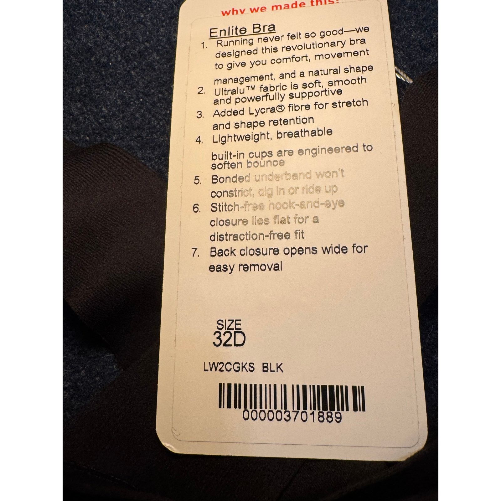 Lululemon Lululemon Enlite Running Bra 32D Back Closure Black New Size ONE SIZE - 2 Thumbnail