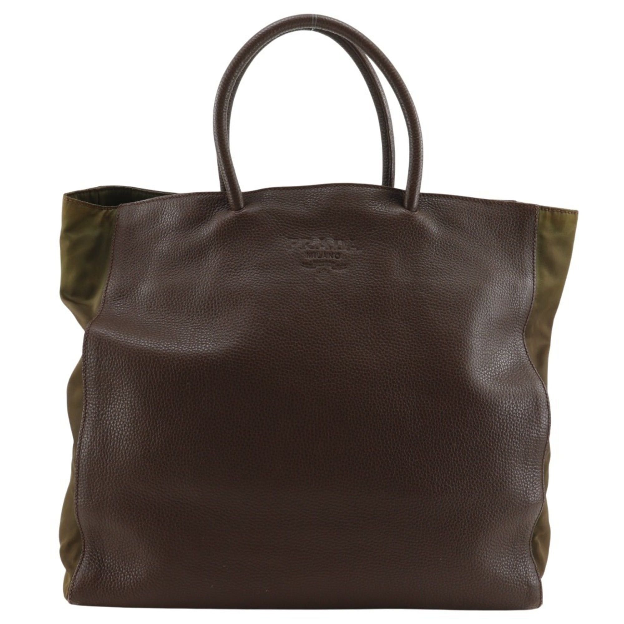Prada Prada logo embossed handbag/tote bag, calfskin x nylon, brown, unisex. Size ONE SIZE - 1 Thumbnail