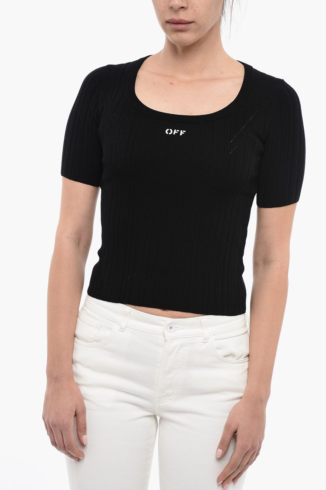 image of Off White Og1Mm0524 Printed Ribbed Short Sleeved Top In Black, Women's (Size Medium)