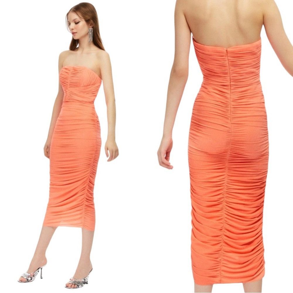 NOCTURNE NOCTURNE SPARKLY DRAPED RUCHED STRAPLESS DRESS SALMON ORANGE Size S / US 4 / IT 40 - 1 Thumbnail