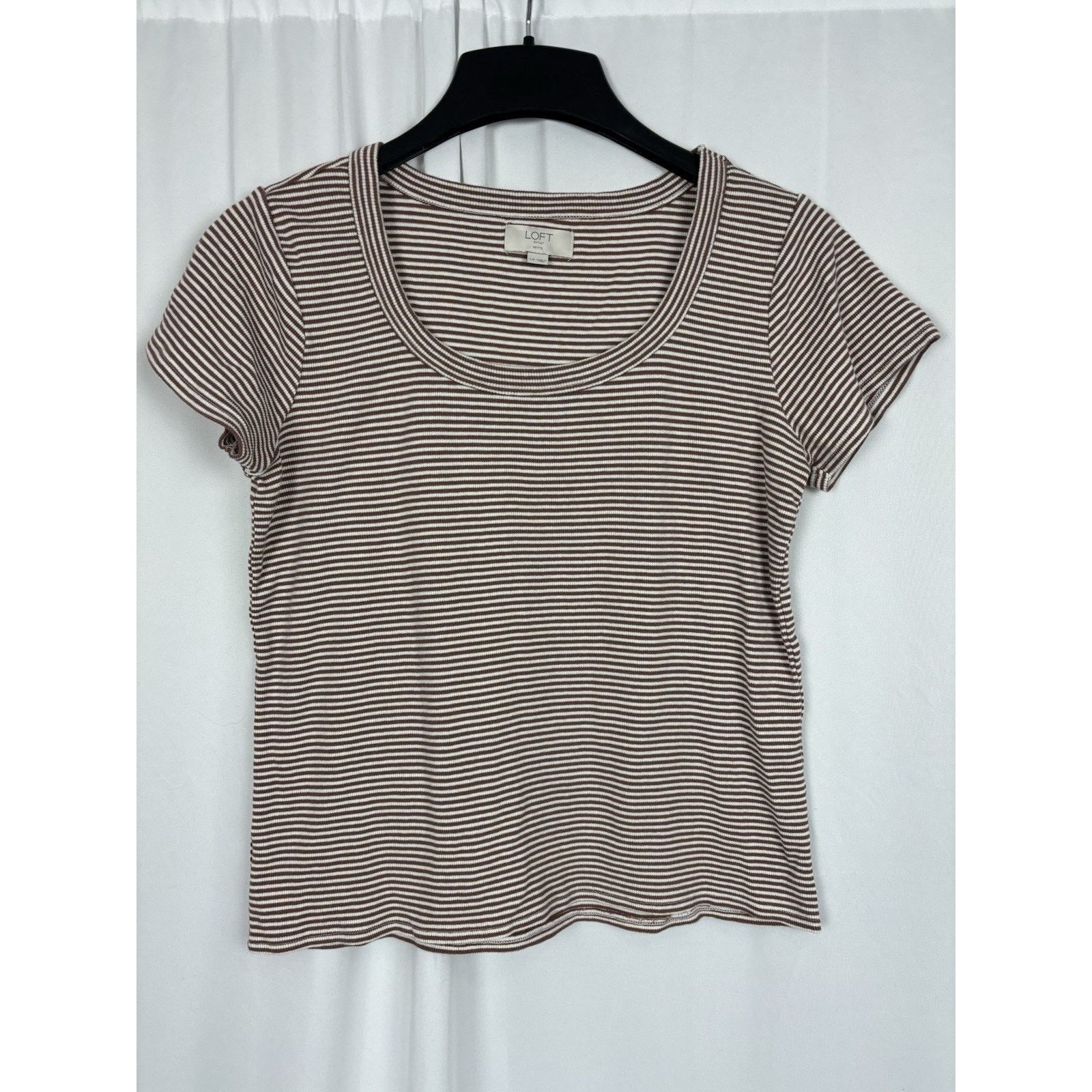 Loft LOFT Petites Brown White Striped SS Scoop Neck T-shirt LP Size L / US 10 / IT 46 - 1 Thumbnail
