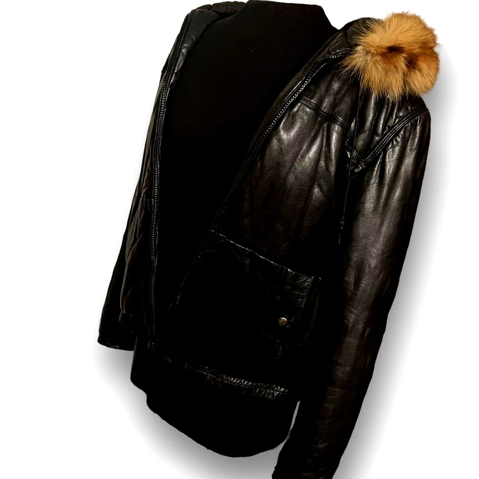 Wilsons Leather Vtg. '70s Leather Puff Bomber Jacket - Foxtail Trim Hood Size L / US 10 / IT 46 - 3 Thumbnail