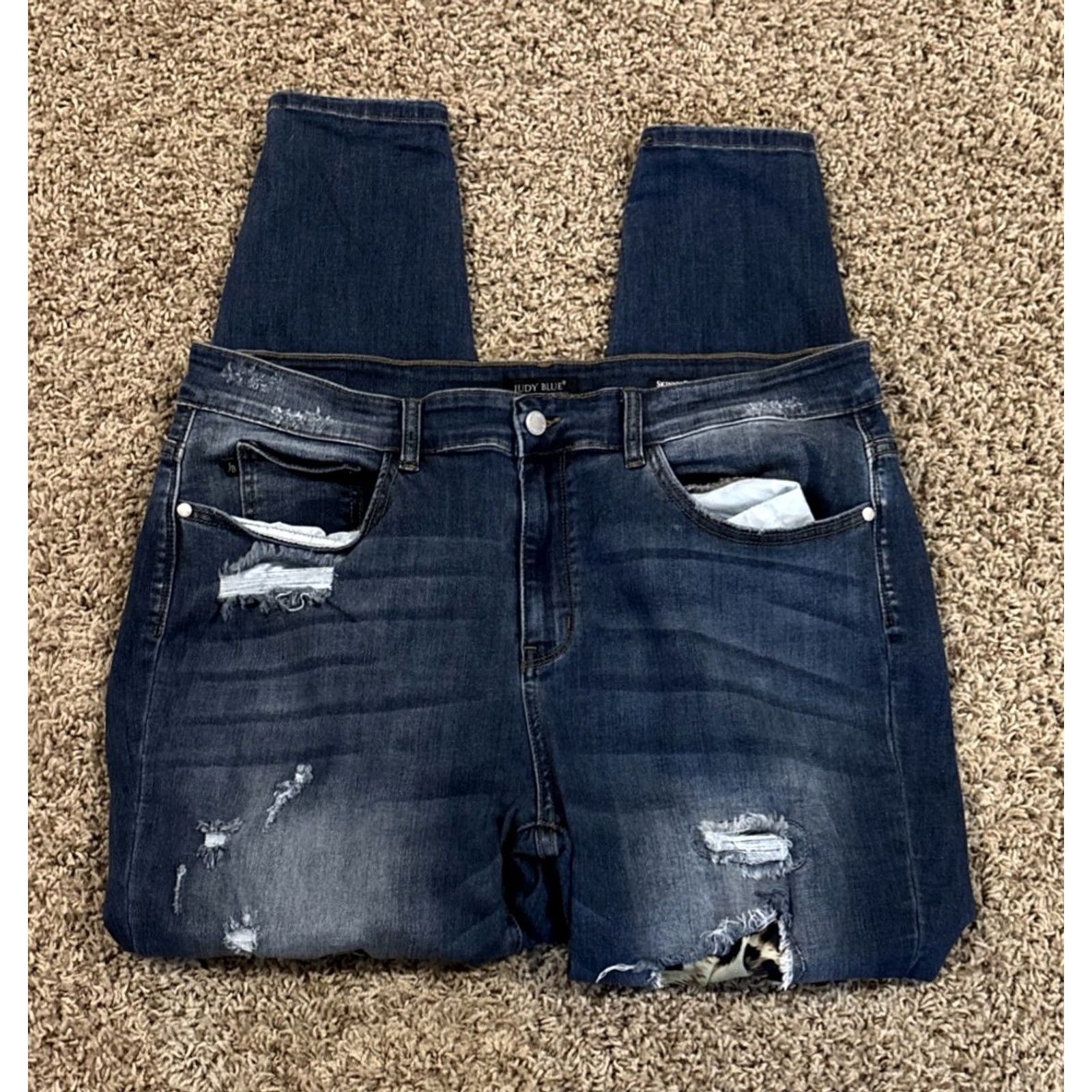 Denime Judy Blue Jeans 20W Plus Skinny Denim Distressed Leopard Print Stretch Bohemian Festival 5-Pocket Women Size 42" / US 20 - 2 Thumbnail