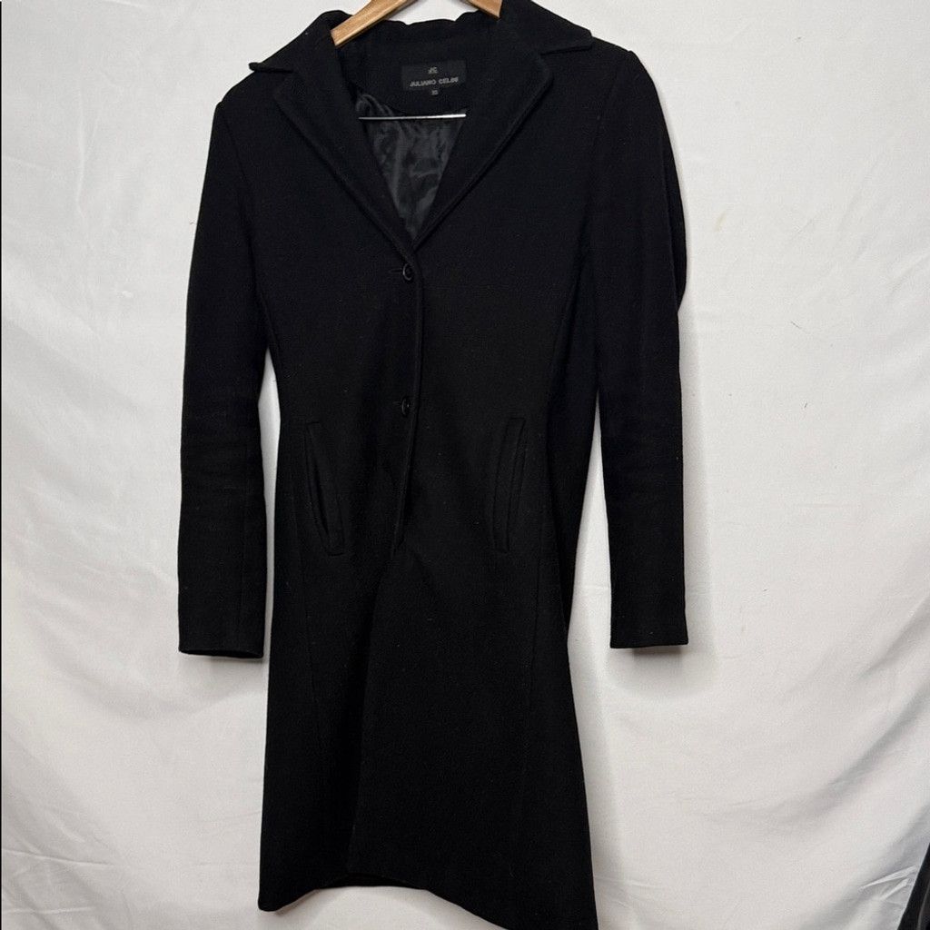 Juliana Celini black 55% wool trench style coat jacket sz XS