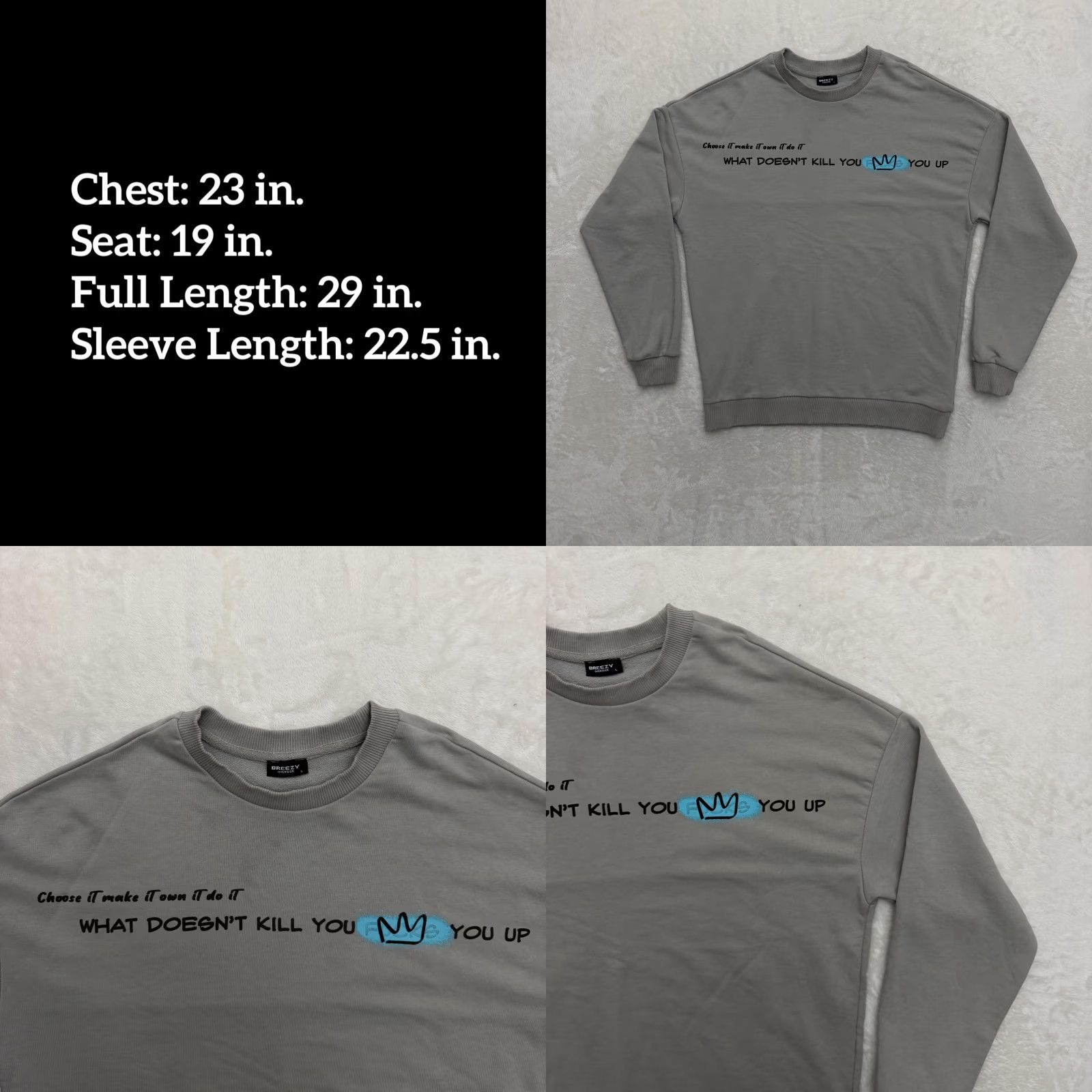 Vintage BREEZY Sweatshirt Mens L Gray Graphic Print Pullover Quote Crew Neck Relaxed Fit All Seasons Size US L / EU 52-54 / 3 - 8 Thumbnail