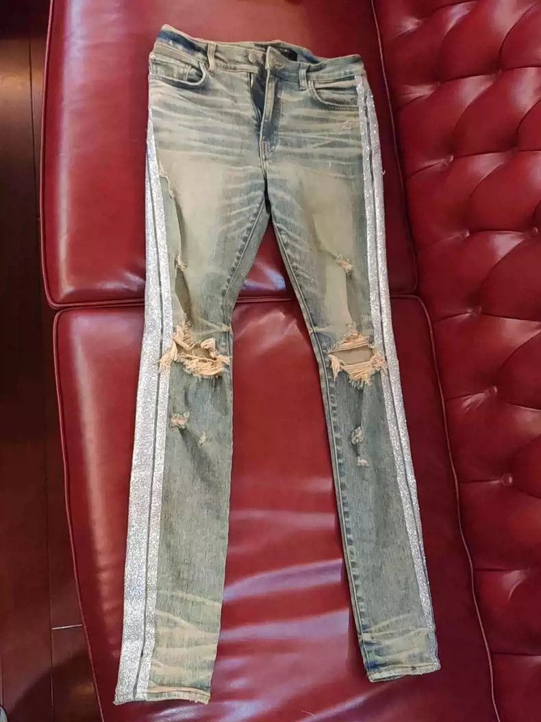 Amiri Amiri silver glitter pink knee hole jeans-2506 Size US 33 - 1 Thumbnail
