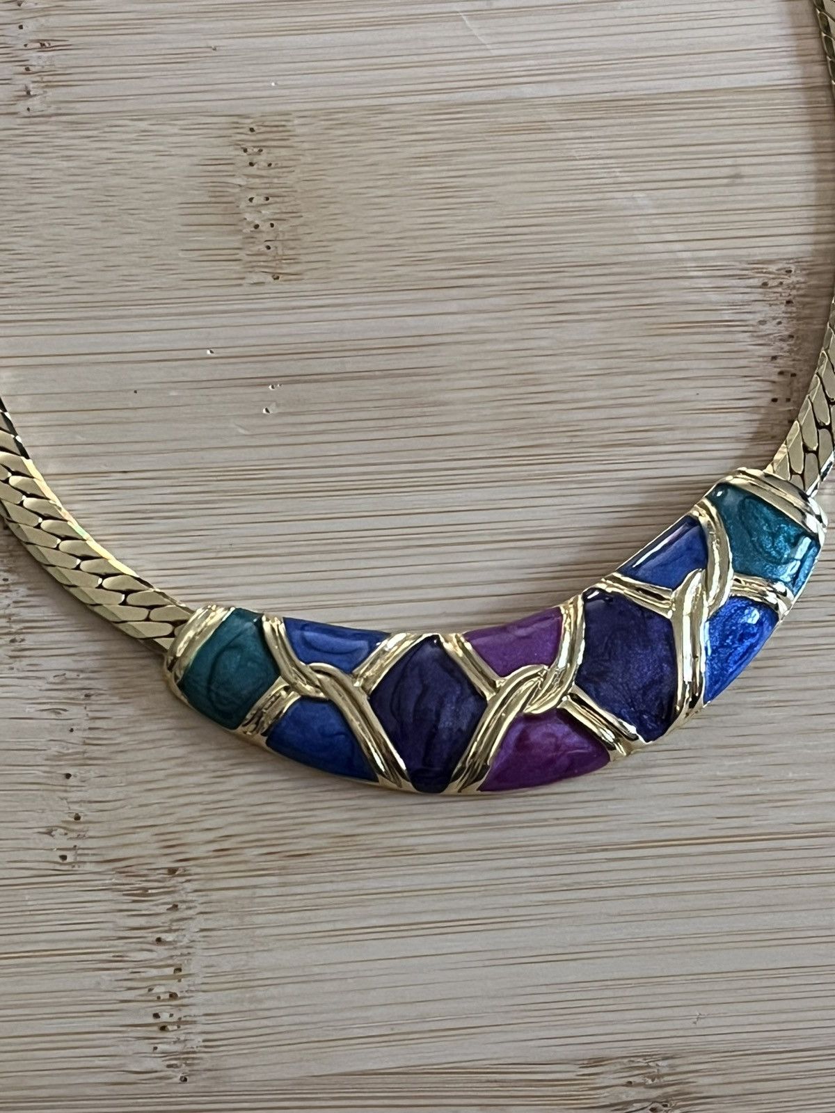 Other Vintage 80s Enamel Herringbone Necklace Gold Blue Purple Size ONE SIZE - 2 Thumbnail