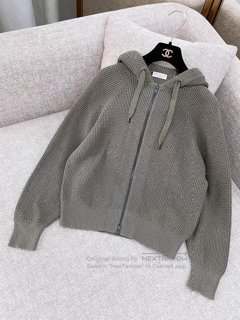 Brunello Cucinelli Brunello Cucinelli Fully Glitter Knitted Jacket, Khaki Gre Size XS / US 0-2 / IT 36-38 - 1 Thumbnail