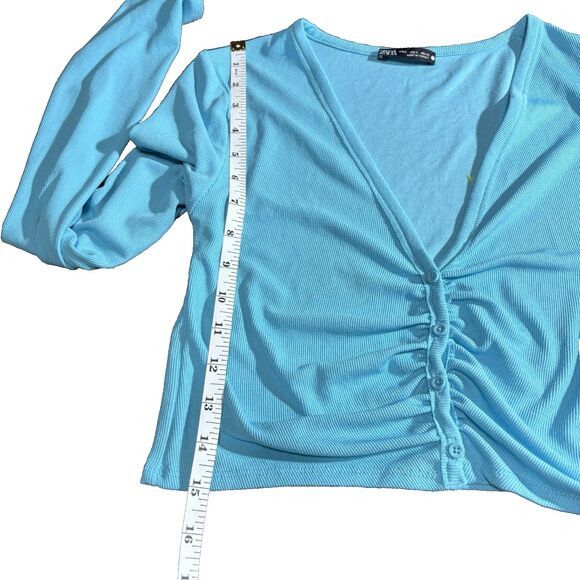 Zara Zara Women Crop Top Blue Ribbed Ruched Button Cardigan S Size S / US 4 / IT 40 - 5 Thumbnail