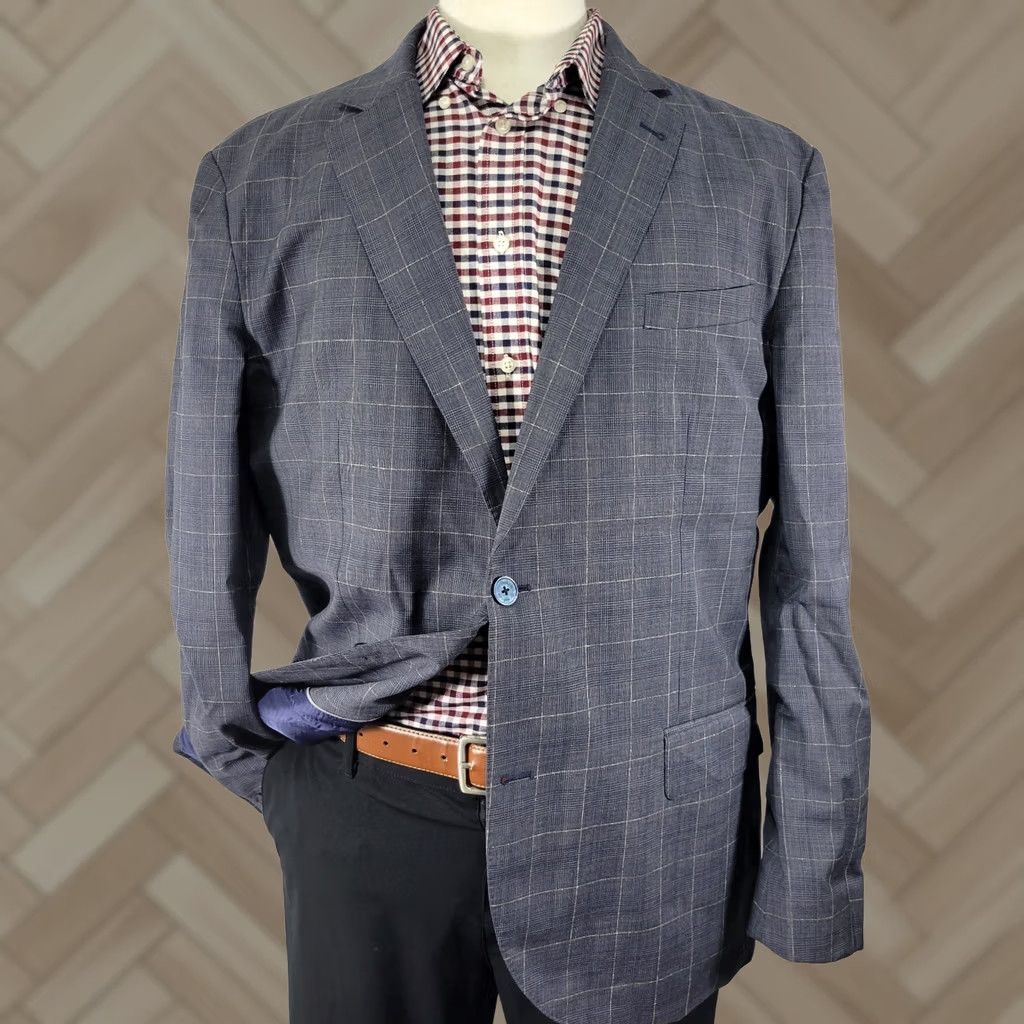 Vintage Sacoor Brothers Sport Coat Blazer Mens 48R Blue Plaid Wool Stretch Two Button Size 48R - 1 Thumbnail
