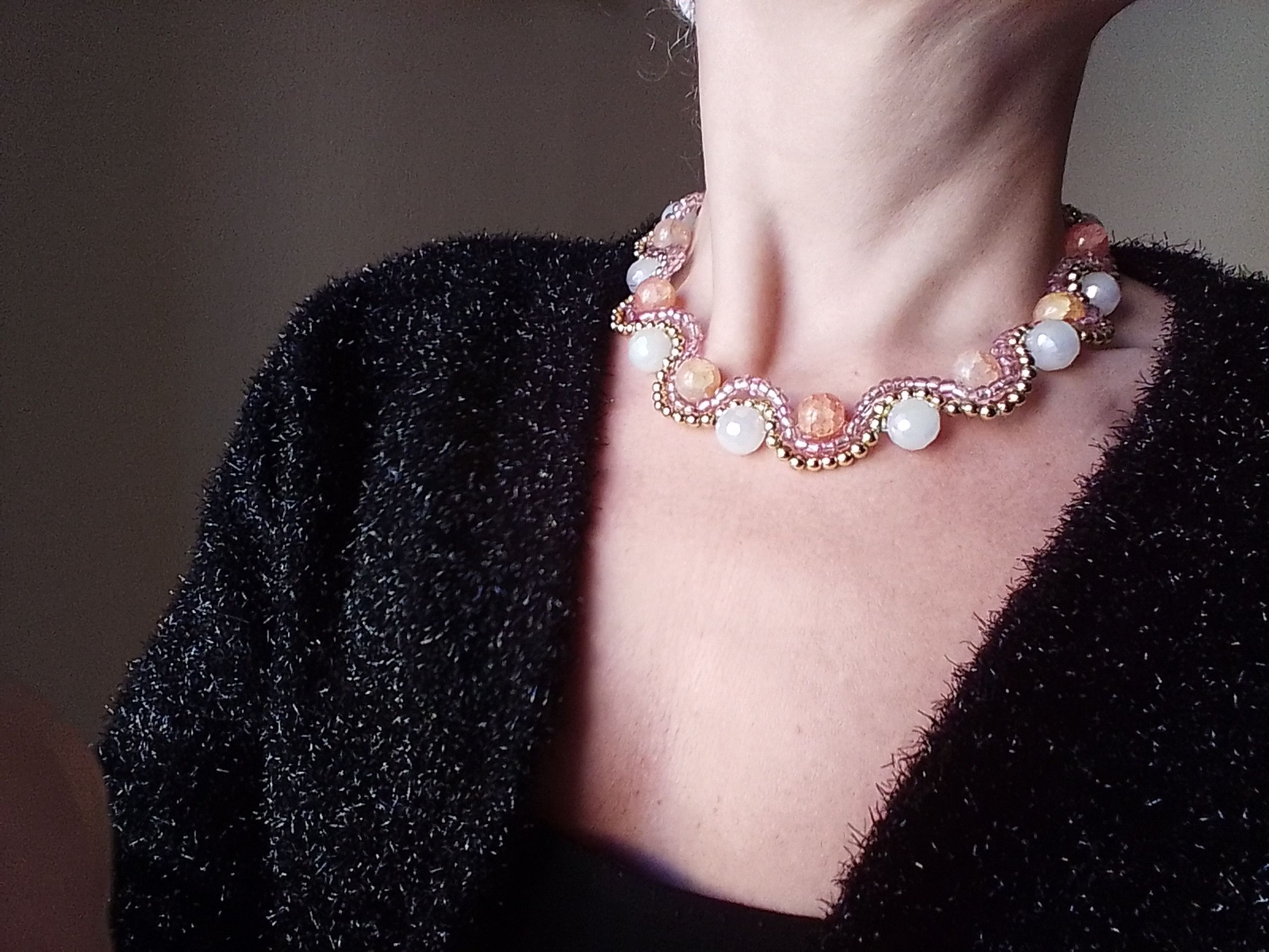 Handmade Necklace Wavy Agate Stone Pearls. Pink/Golden Glass Size ONE SIZE - 5 Thumbnail