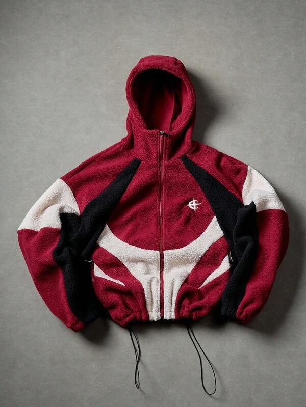 Japanese Brand Red & White Panel Fleece Zip Up Hoodie. Size US L / EU 52-54 / 3 - 1 Thumbnail