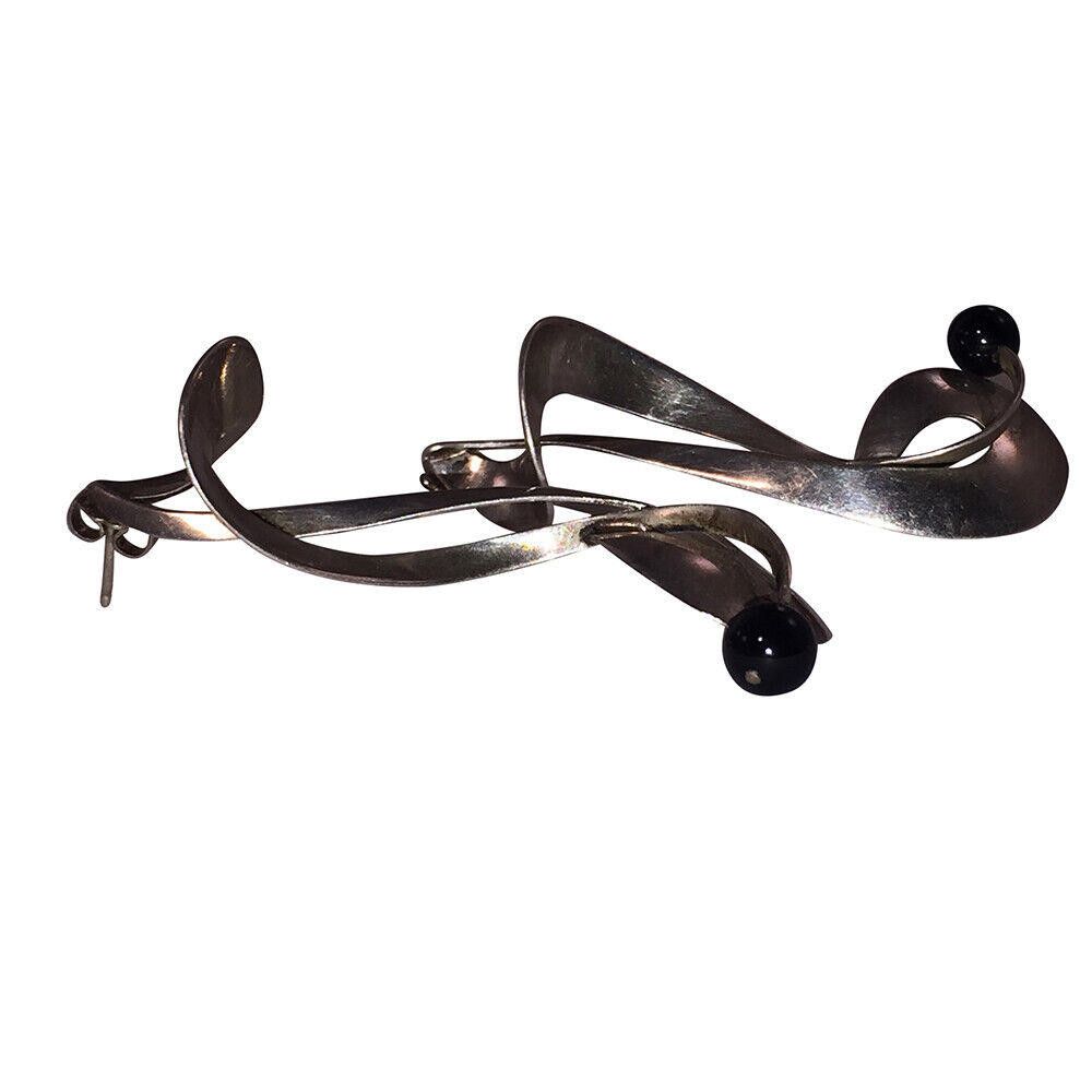 Handmade Signed Figural Sterling Silver Black Onyx Bead Earrings Size ONE SIZE - 3 Thumbnail