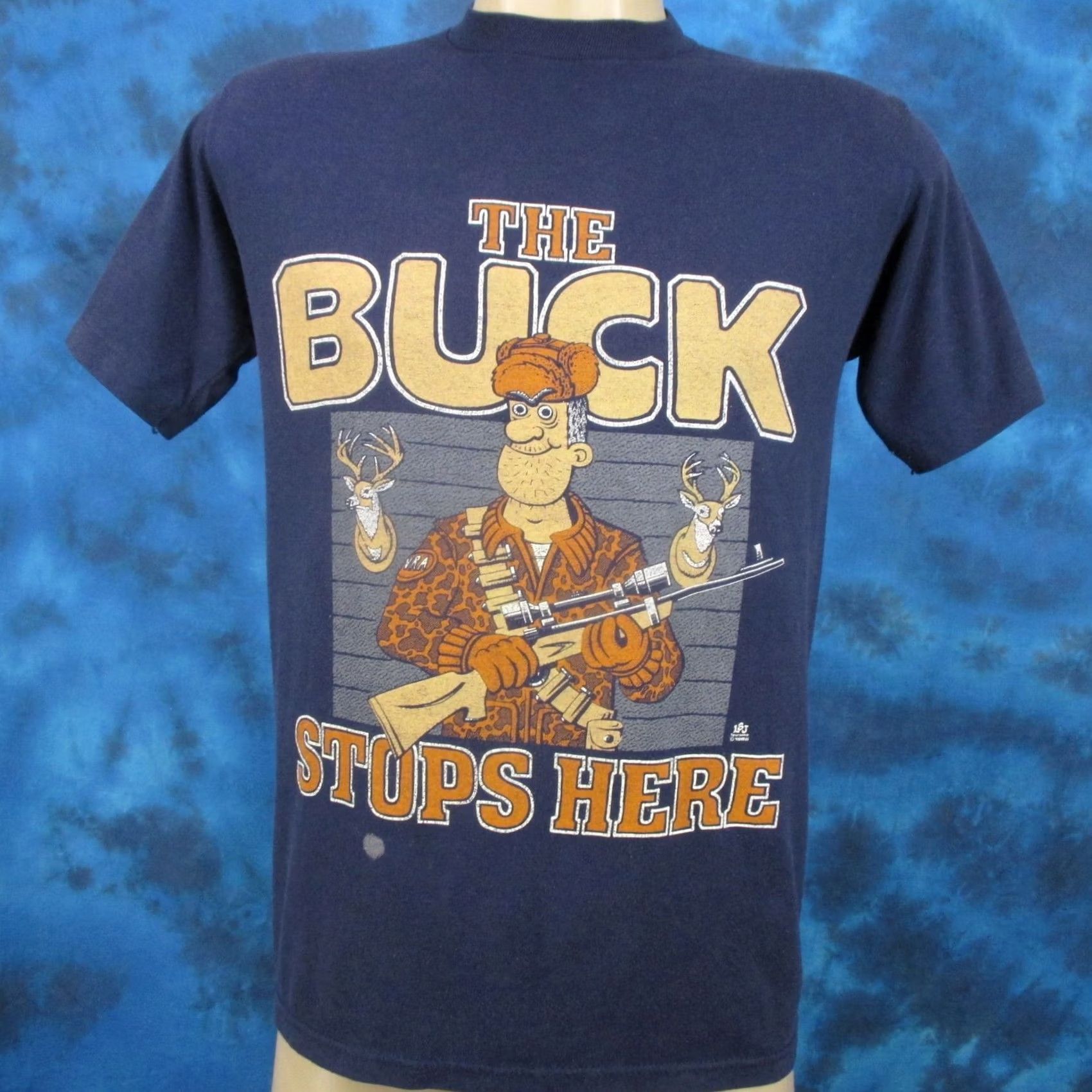 Vintage vintage 80s THE BUCK STOPS HERE T-Shirt SMALL HUNTING CARTOON deer rifle thin Size US S / EU 44-46 / 1 - 2 Thumbnail