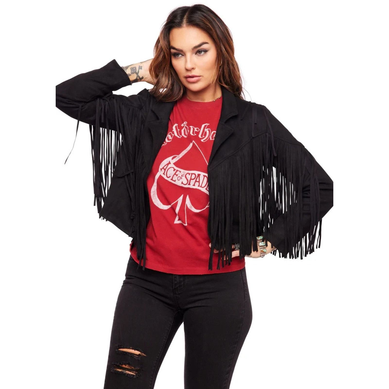 Other BLACK FAUX SUEDE FRINGED CROPPED WESTERN COWBOY MOTO JACKET Size M / US 6-8 / IT 42-44 - 8 Thumbnail
