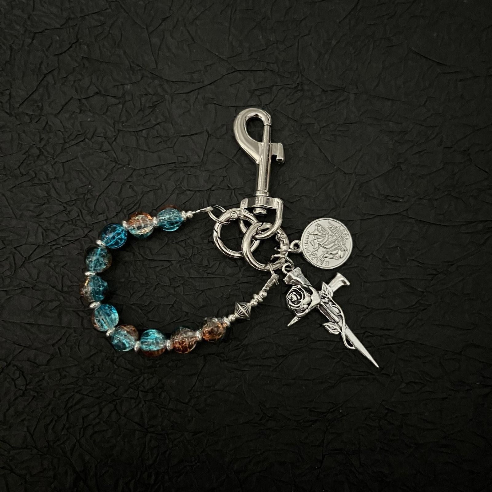 Jewelry Silver Beaded Keychain with Rose and Dagger Charms Size ONE SIZE - 10 Thumbnail