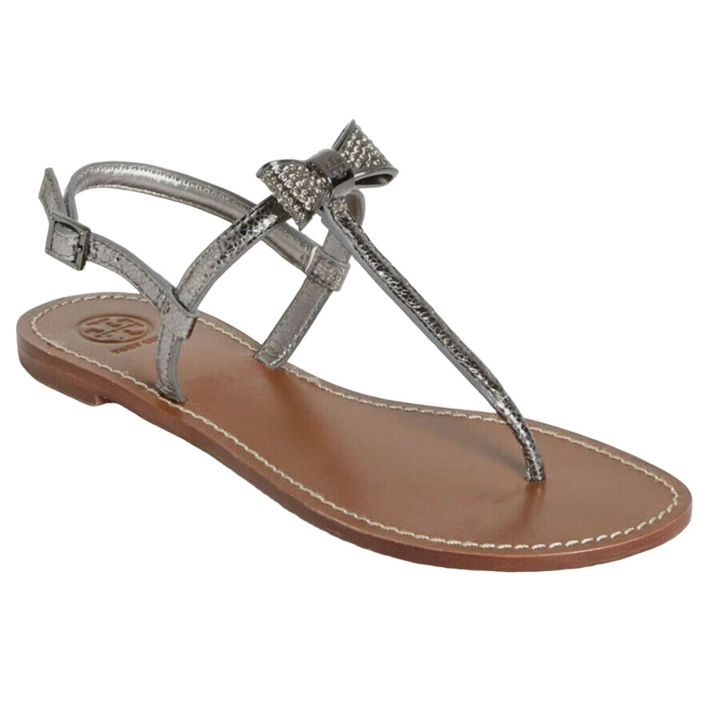 Tory Burch Bryn Silver Pave Bow Thong Sandal SIze 7.5