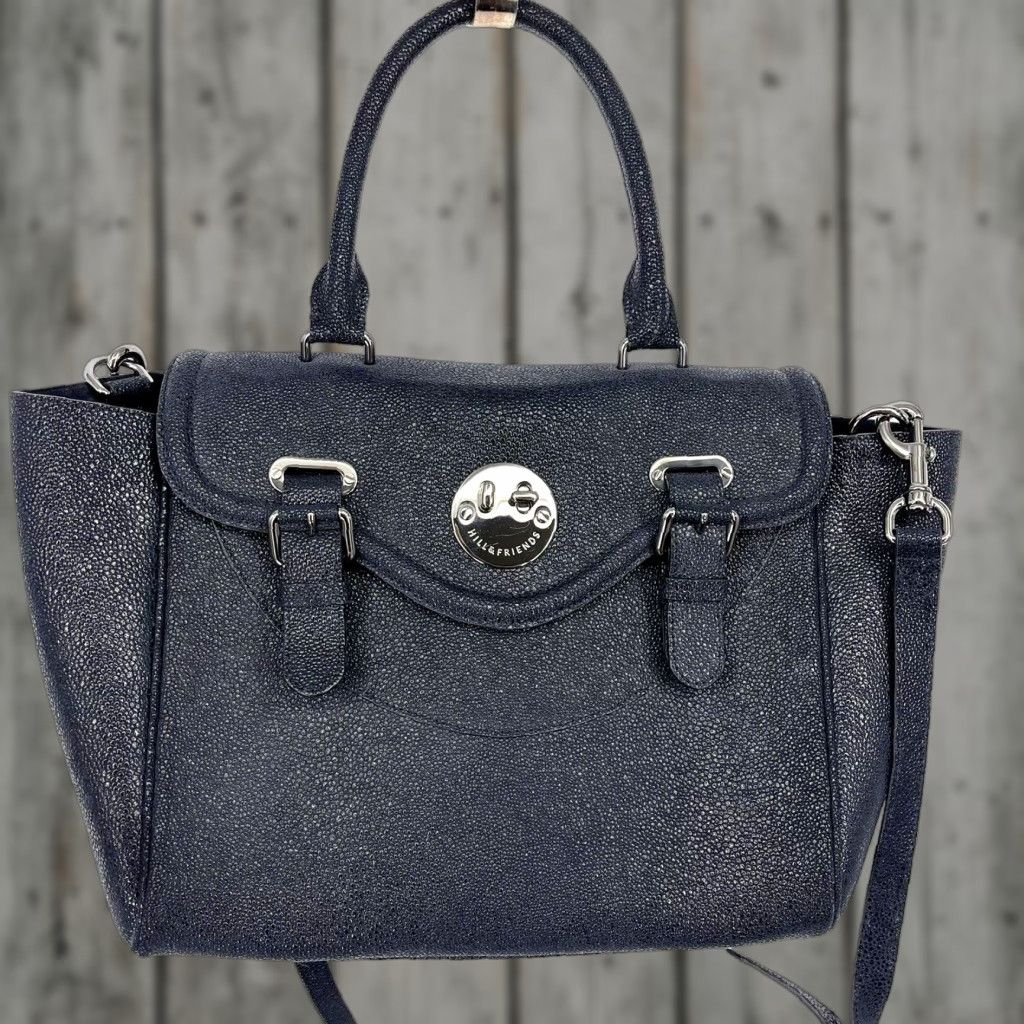 Vintage Hill And Friends Happy Tote Handbag Large Blue Pebbled Leather Crossbody Bag With Silver Hardware For Women