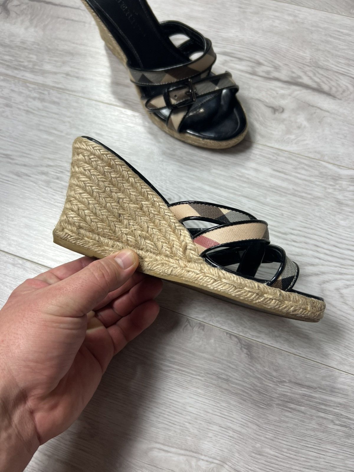 Burberry Women’s Nova Check Leather Wedge Espadrille Sandals