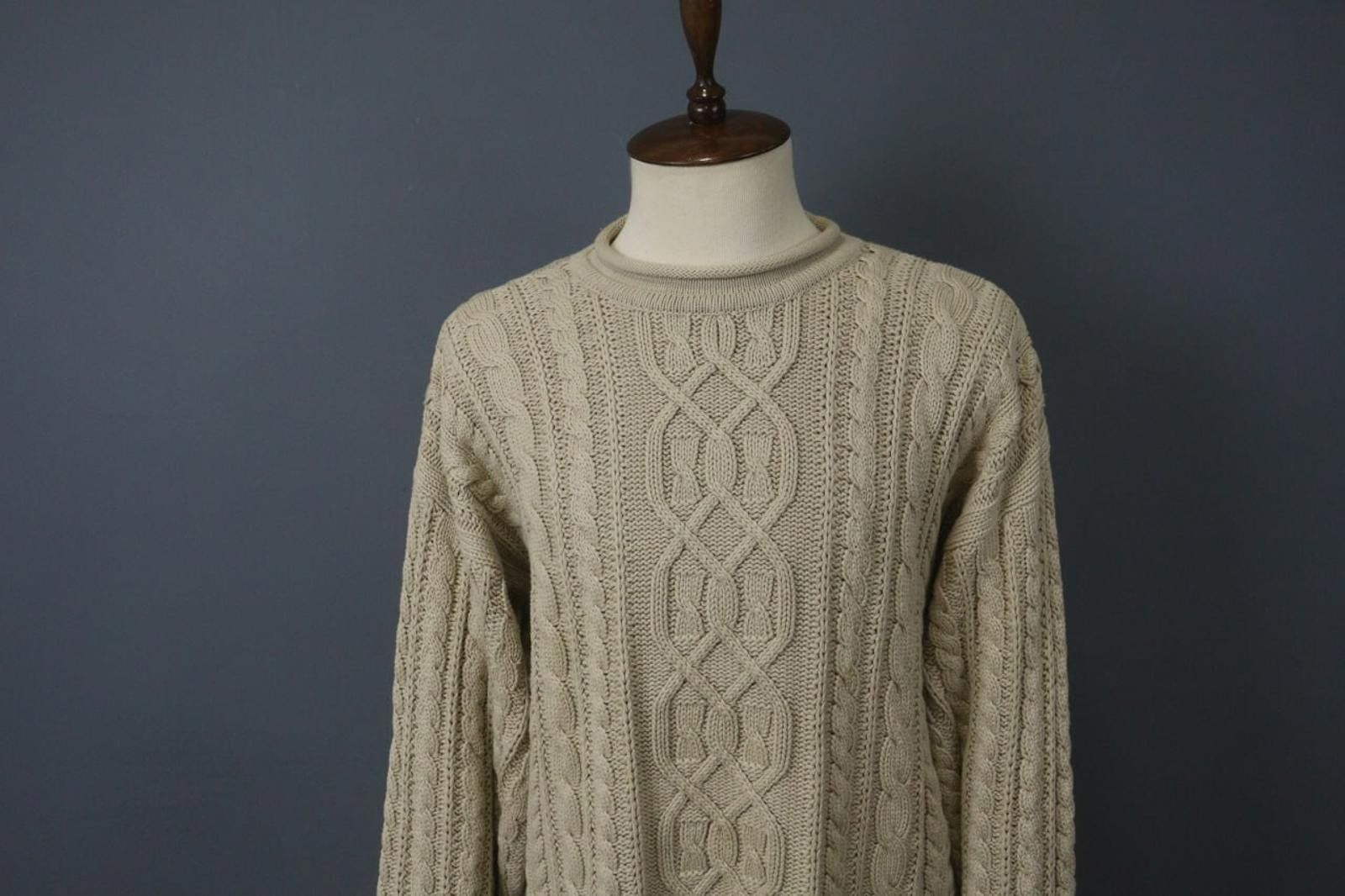 Designer Hackett London Tan Cable Knit Crew Neck Sweater Size L Size L / US 10 / IT 46 - 2 Thumbnail
